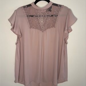 Express Mauve Lace Accent Blouse Crochet Yoke Flutter sleeve preppy Valentine